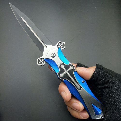 Blue Fold Pocket Knife, Tactical Cross Engrave Utility Survival Knife