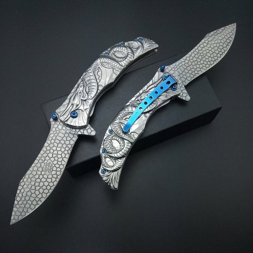 Silver Titaniums Tactical Fast Open Dragon Engrave Stonewash Utility Survival Knife