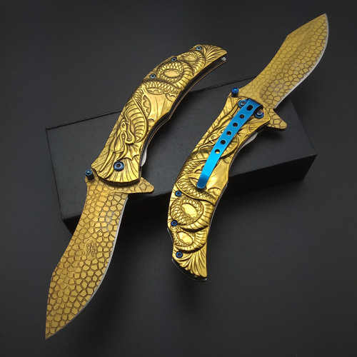 Gold Titaniums Tactical Fast Open Dragon Engrave Stonewash Utility Survival Knife