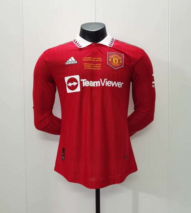 Player Version 22/23 Manchester United Home Long Sleeve Carabao Cup Final Jersey With Full Patch