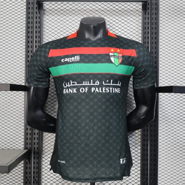 Player Version 25/26 CD Palestino Away Black Jersey with Red-Green Stripes and Bank of Palestine Sponsor