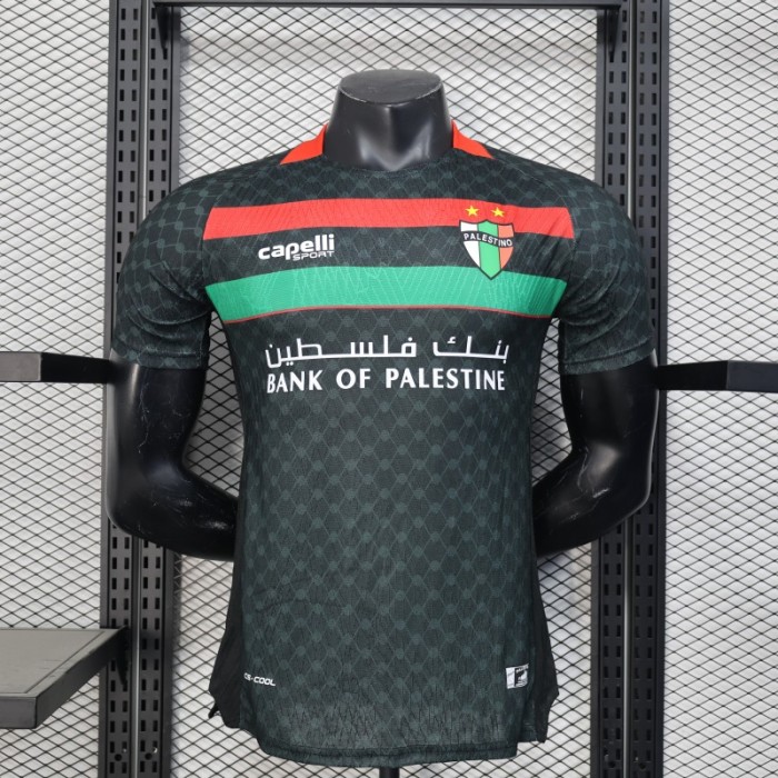 Player Version 25/26 CD Palestino Away Black Jersey with Red-Green Stripes and Bank of Palestine Sponsor