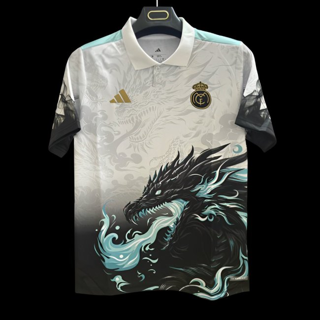 25/26 Real Madrid White with Black Dragon Fire Jersey