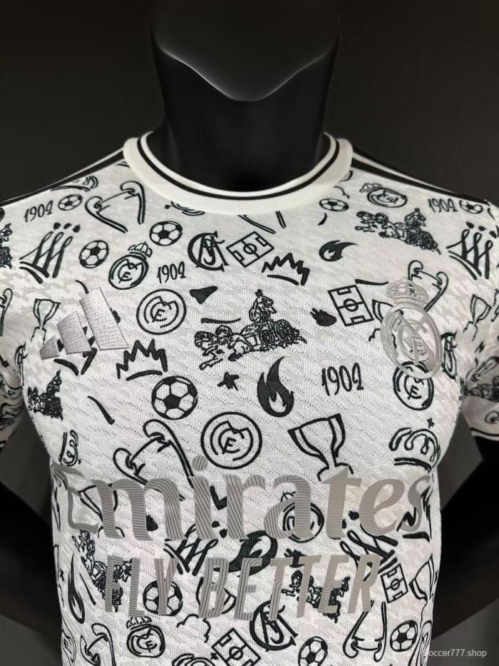 Player Version 25/26 Real Madrid White with Football Icons Pattern Jersey