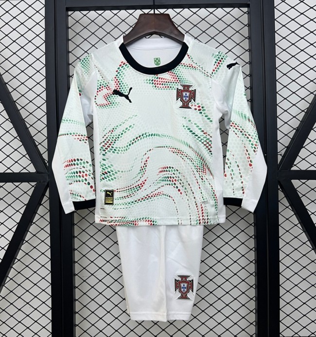 2025 Kids Portugal Away White Long Sleeve Jersey