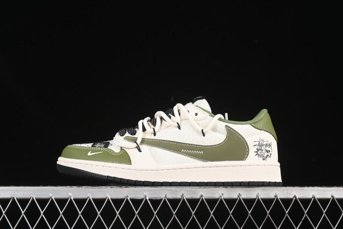 Nike Travis Scott x Fragment Design x Air Jordan 1 Low OG SP AJ1 Stussy Collaboration Green Hemp Lace-Up Low-Top Casual Sneakers - DM6868-104