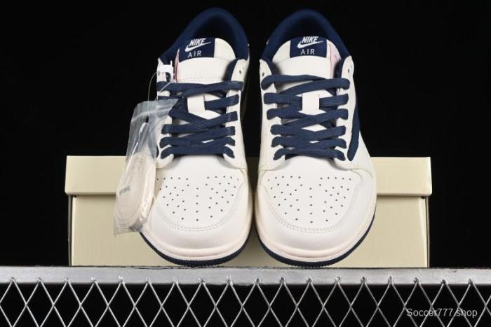 Nike Travis Scott x Fragment Design x Air Jordan 1 Low OG SP AJ1 Supreme Collaboration - White Navy Blue Low Top Casual Sneakers - XZ116