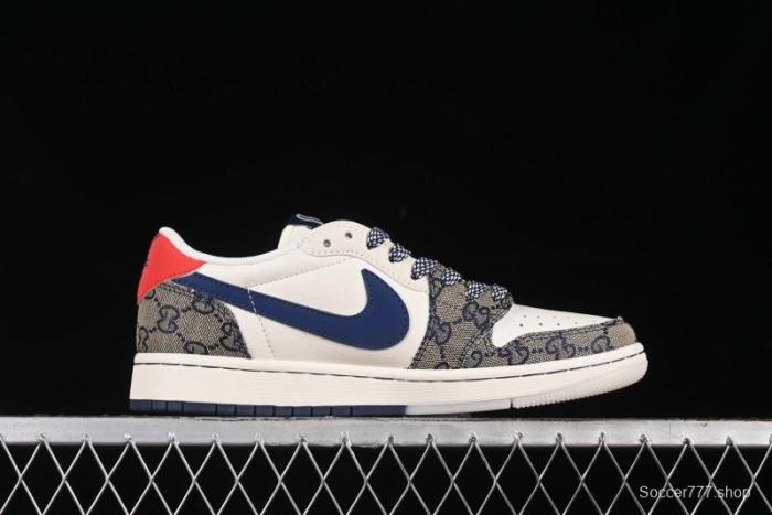 Nike Travis Scott x Fragment Design x Air Jordan 1 Low OG SP AJ1 Gucci Collaboration - Silver Logo Blue Swoosh Low Top Casual Sneakers - XY2688-118
