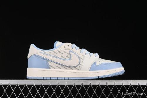 Nike Travis Scott x Fragment Design x Air Jordan 1 Low OG SP AJ1 Supreme Collaboration - White Blue Lettering Low Top Casual Sneakers - XY2688-116