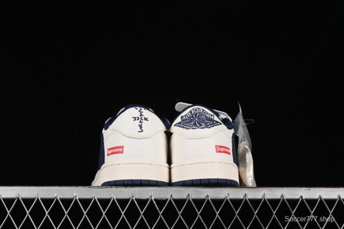 Nike Travis Scott x Fragment Design x Air Jordan 1 Low OG SP AJ1 Supreme Collaboration - White Navy Blue Low Top Casual Sneakers - XZ116