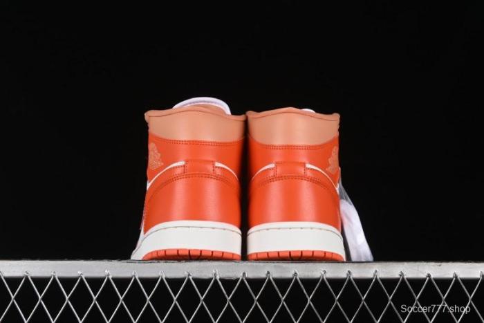 Nike Air Jordan 1 Mid Basketball Shoes in White and Orange Colorway - BQ6472-108