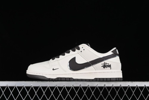 Stussy x Nike SB Dunk Low Anniversary Customized Casual Sneakers in Off-White Black Swoosh - DQ1098-378