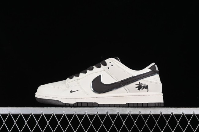 Stussy x Nike SB Dunk Low Anniversary Customized Casual Sneakers in Off-White Black Swoosh - DQ1098-378