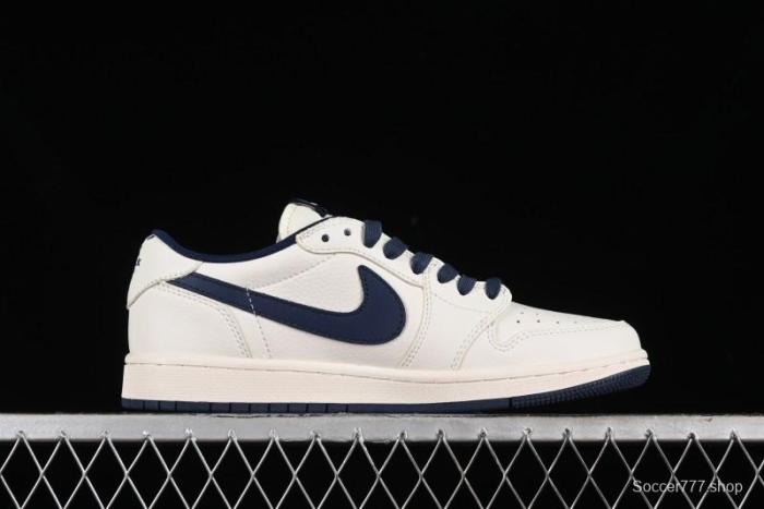 Nike Travis Scott x Fragment Design x Air Jordan 1 Low OG SP AJ1 Supreme Collaboration - White Navy Blue Low Top Casual Sneakers - XZ116