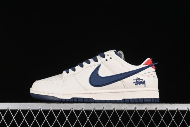 Nike SB Dunk Low Stussy Collaboration - Off White with Big Blue Swoosh Anniversary High-End Custom Low-Top Casual Skate Shoes - XY1688-009