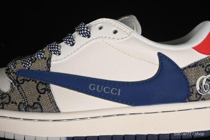 Nike Travis Scott x Fragment Design x Air Jordan 1 Low OG SP AJ1 Gucci Collaboration - Silver Logo Blue Swoosh Low Top Casual Sneakers - XY2688-118