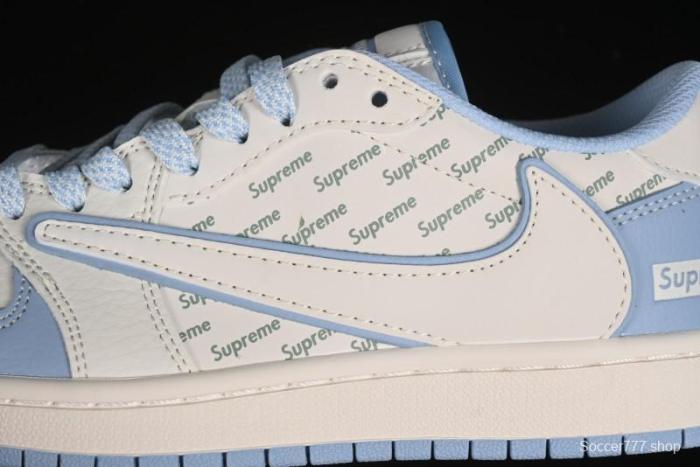 Nike Travis Scott x Fragment Design x Air Jordan 1 Low OG SP AJ1 Supreme Collaboration - White Blue Lettering Low Top Casual Sneakers - XY2688-116