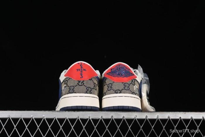Nike Travis Scott x Fragment Design x Air Jordan 1 Low OG SP AJ1 Gucci Collaboration - Silver Logo Blue Swoosh Low Top Casual Sneakers - XY2688-118