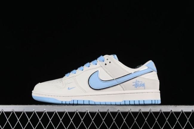 Stussy x Nike Dunk Low SB Skate Shoes in White with Light Blue Swoosh - DQ1098-380