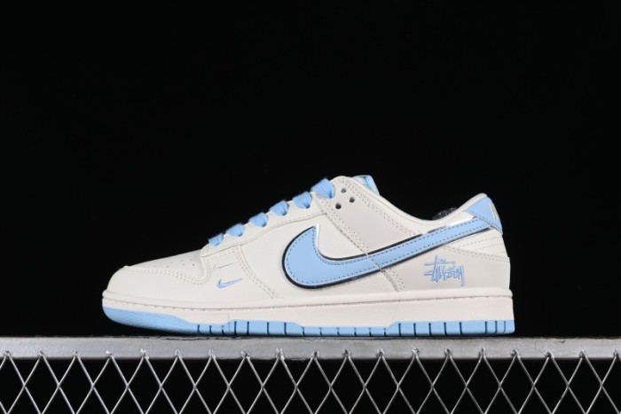 Stussy x Nike Dunk Low SB Skate Shoes in White with Light Blue Swoosh - DQ1098-380