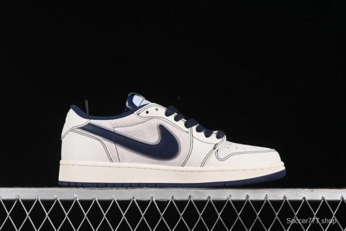 Nike Travis Scott x Fragment Design x Air Jordan 1 Low OG SP AJ1 Supreme Collaboration - Dark Blue Swoosh Low-Top Casual Sneakers - XZ2268-001