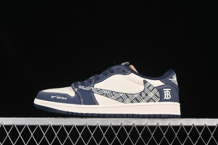 Nike Travis Scott x Fragment Design x Air Jordan 1 Low OG SP AJ1 Burberry Collaboration Dark Blue Swoosh Low-Top Casual Sneakers - LD2025-014