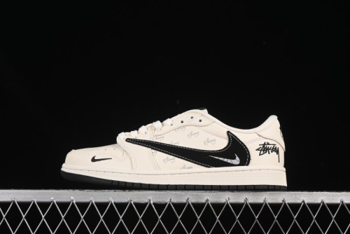 Nike Travis Scott x Fragment Design x Air Jordan 1 Low OG SP AJ1 Stussy Collaboration Black Beige Reverse Swoosh Low-top Casual Sneakers - XS2024-043