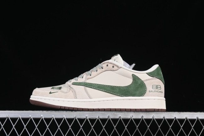Nike Travis Scott x Fragment Design x Jordan Air Jordan 1 Low OG SP AJ1 Paris Collaboration Suede Green Swoosh Low-Top Casual Sneakers - XS3086-015
