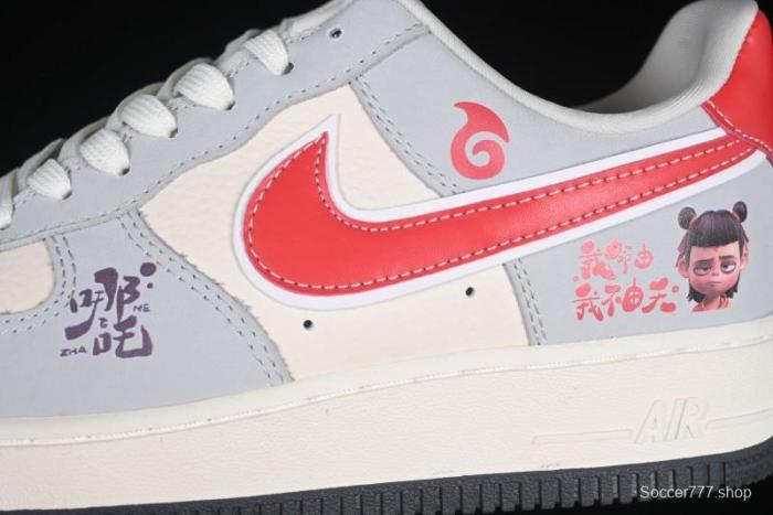 Nike Air Force 1 '07 Low Nezha Collaboration Grey Red Swoosh Casual Sneakers - DF0188-046