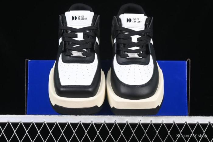 Choco Concert Leather Round Square Asymmetric Fashion Sneakers Black White - AJE5