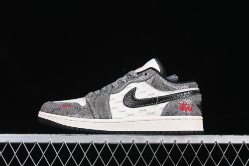 Nike Air Jordan 1 Low Retro Basketball Shoes with Custom Stussy Grey Snake Design - FC1688-202