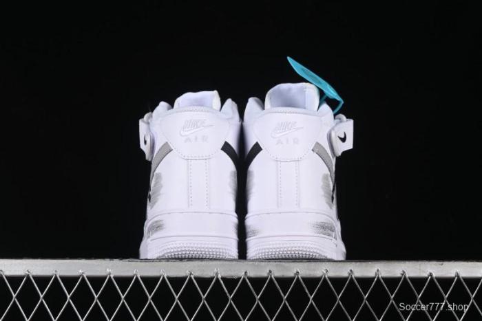 Nike Air Force 1 '07 Mid Casual Sneakers in White/Grey/Black with Hand-Painted Cracked Swoosh Shadow Detail - CW2289-111