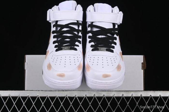 Nike Air Force 1 '07 Mid Hand-Painted White Black Brown with Swoosh Shadow Strap Mid-Top Casual Sneakers - CW2289-111