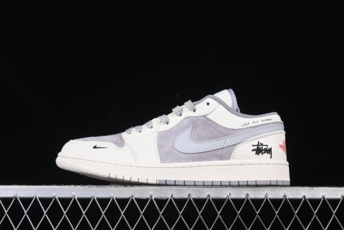 Nike Air Jordan 1 Low Stussy Collaboration - Retro Basketball Shoes in Light Grey - SJ9950-044