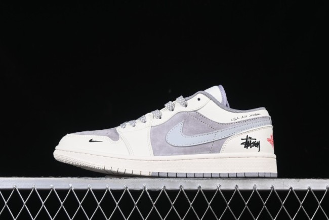 Nike Air Jordan 1 Low Stussy Collaboration - Retro Basketball Shoes in Light Grey - SJ9950-044