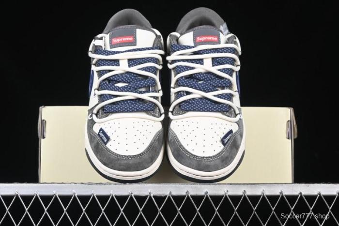 Nike SB Dunk Low Supreme Collaboration - Grey White Blue Swoosh Lace-Up Anniversary Customized Low-Top Casual Skate Shoes - XS1186-100