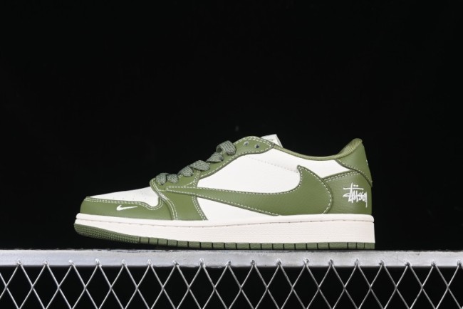 Nike Travis Scott x Fragment Design x Air Jordan 1 Low OG SP AJ1 Stussy Collaboration Bamboo Green Low-Top Casual Sneakers - BB1199-201