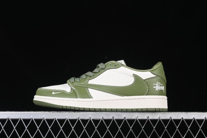 Nike Travis Scott x Fragment Design x Air Jordan 1 Low OG SP AJ1 Stussy Collaboration Bamboo Green Low-Top Casual Sneakers - BB1199-201