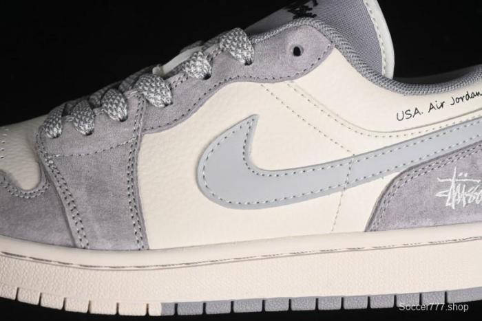 Nike Air Jordan 1 Low Stussy Collaboration - Light Bone Grey Dual-Tone Premium Custom Retro Basketball Shoes - SJ9950-045