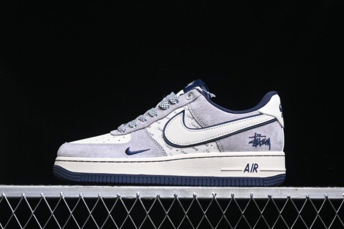Nike Air Force 1 '07 Low Stussy Collaboration - Grey White with Blue Outsole Low-Top Casual Sneakers - SJ6698-006