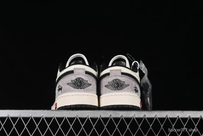 Nike Air Jordan 1 Low Stussy Collaboration - Grey Black Red Label Retro Basketball Shoes - SJ9950-034