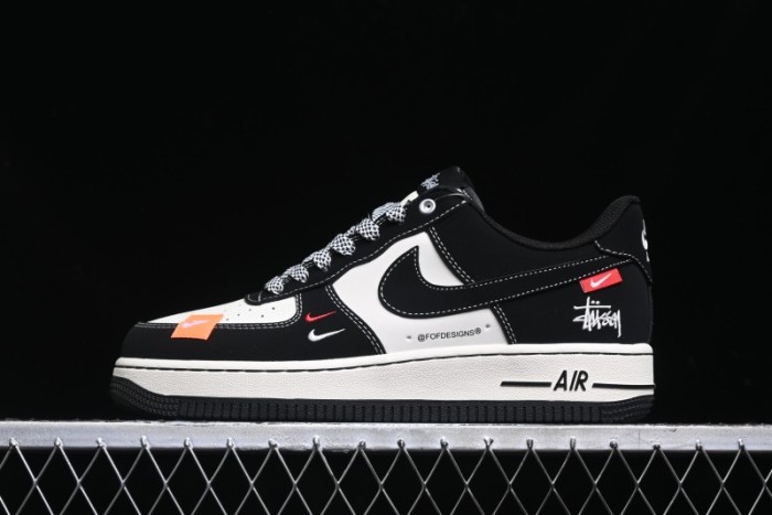 Nike Air Force 1 '07 Low Stussy Collaboration - Black White Double Swoosh Red Tag Low-Top Casual Sneakers - SJ6698-012