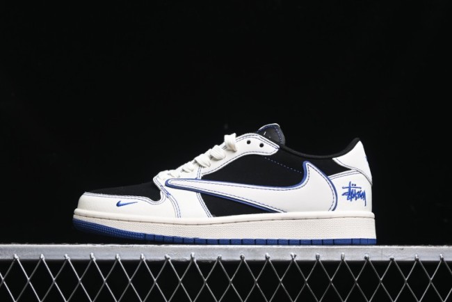 Nike Travis Scott x Fragment Design x Air Jordan 1 Low OG SP AJ1 Stussy Collaboration - Black Blue Line Low Top Casual Sneakers - SJ2068-113