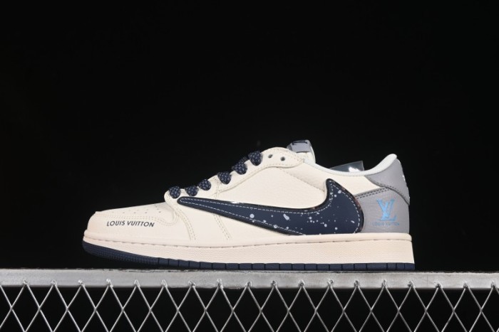 Nike Travis Scott x Fragment Design x Air Jordan 1 Low OG SP Sneakers with Splatter Blue Swoosh - ZH2598-242