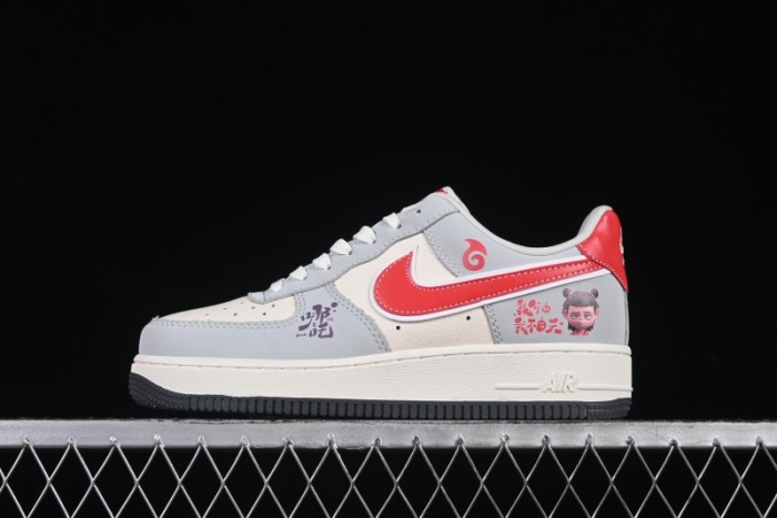 Nike Air Force 1 '07 Low Nezha Collaboration Grey Red Swoosh Casual Sneakers - DF0188-046
