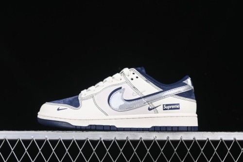 Nike SB Dunk Low Supreme Collaboration Anniversary Edition Customized Low-Top Casual Skate Shoes with Silver-Blue Swoosh and Hidden Pattern - DM6868-044