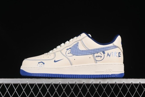 Nike Air Force 1'07 Low Casual Sneakers with Blue Line Ghost Face Design - DF0188-053