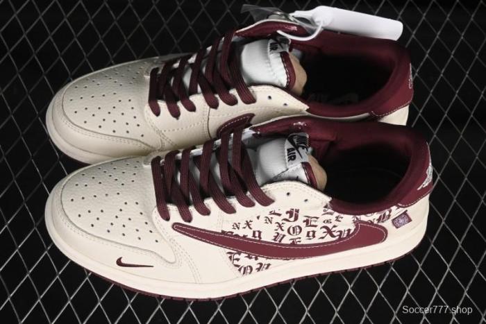 Nike Travis Scott x Fragment Design x Air Jordan 1 Low OG SP AJ1 Cross Hoodie Collaboration Brown Print Low-top Casual Sneakers - LD2025-016