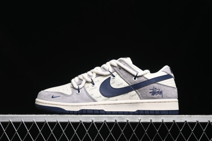Nike SB Dunk Low Stussy Collaboration - Navy Blue Embroidery Swoosh Anniversary Custom Low-Top Casual Sneakers - SJ2068-296