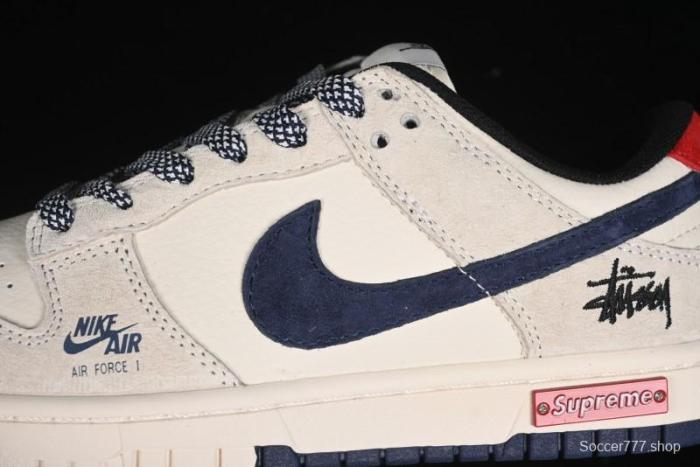 Nike SB Dunk Low Supreme x Stussy Triple Collaboration - Off White Navy Swoosh Anniversary Custom Low-Top Casual Sneakers - SJ2068-301